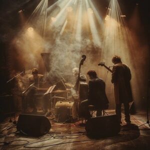 Litet liveband spelar i varmt scenljus och tät dimma